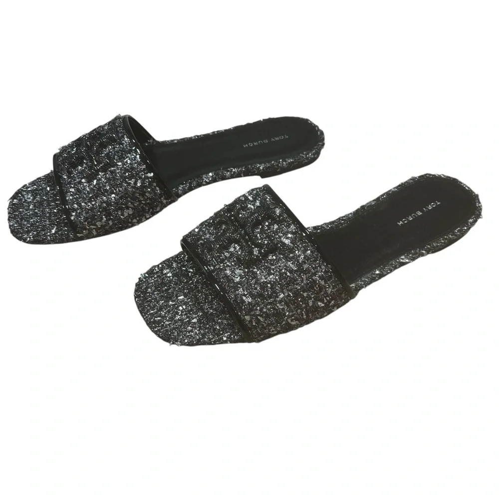 Tory Burch Eleanor Pavé Slide Sandals womens 10 Silver Confetti Sparkle Logo